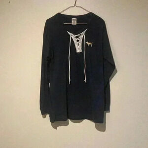 PINK Victoria’s Secret long sleeve top. Navy blue, tie front, women’s medium